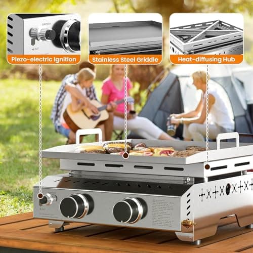 COWSAR 2-Burner Portable Tabletop Grill, 16000 BTU Stainless Steel Non-Stick Outdoor Portable Propane Griddle for Camping RV Backyard BBQ - Thumbnail 4