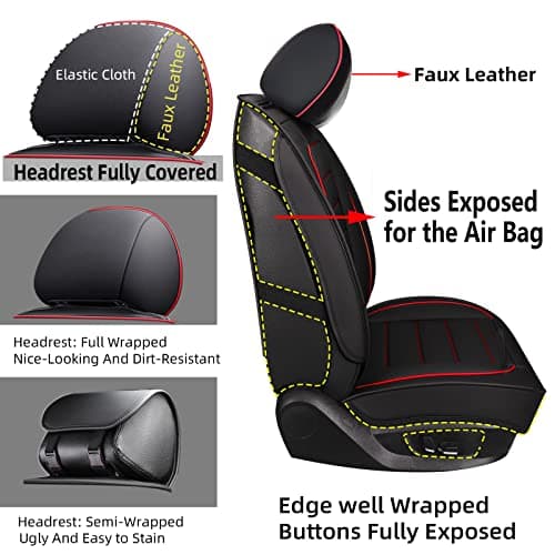 CAPITAUTO Leather Car Seat Covers, Waterproof Faux Leatherette Cushion Cover for Cars SUV Pick-up Truck Universal Fit Set for Auto Interior Accessories(2 Front Red&Black) - Thumbnail 3