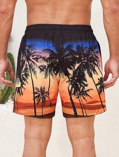 SILKWORLD Swim Trunks Men Quick Dry Bathing Suits 2 in 1 Swimming Shorts Beach Swimsuit with Zipper Pocket and Compression Liner, Gradient- Black Orange Tree, Large - Thumbnail 3