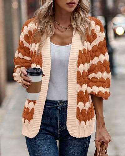 KIRUNDO Womens Sweaters Cardigan Lantern Sleeve Open Front Chunky Cardigan Loose Fashion Color Block Striped Sweater Plus Size Knitwear Halloween Cardigan(Orange, Medium) - Thumbnail 3