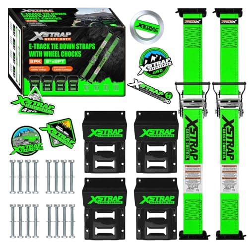 XSTRAP STANDARD Wheel Chock E-Track Tie Down Straps Kit, 2 Pack 2" x 9FT Over-The-Tire Ratchet Straps with Steel Wheel Chocks, 1466 lbs WLL for ATV, UTV, Lawn Mower, Trailer Hauling, Green - Image 1