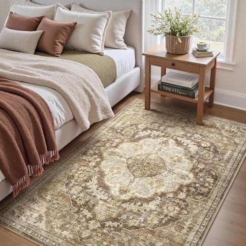 tchdio 3x5 Bedroom Area Rug, Non Slip Washable Entryway Rug Indoor, Soft Low Pile Vintage Door Mat, Stain Resistant Rug for Entrance, Bedside, Dining Room (Brown, 3'x5')