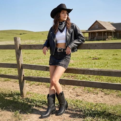 Athlefit Women's Cowboy Cowgirl Ankle Boots Square Toe Low Chunky Heel Embroidery Western Short Booties for Country Concerts Black Size 6.5, AD00764 - Thumbnail 2
