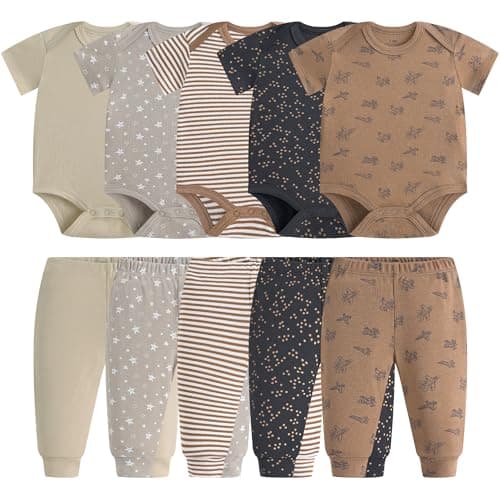 MEYSAHO Baby Newborn Layette 10-Piece Set Cotton Bodysuits Short Sleeve Pants Sets Star Plane Printed for Baby Girls Boys Clothes Unisex Baby Gift Sets for 0 3 Months - Thumbnail 2