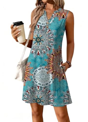 ATHMILE Summer Dresses for Women 2026 Beach Vacation Clothes V Neck Henley Button Holiday Sundresses Pockets Date Outfits - Image 1