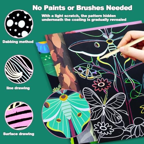 BAOXUE Scratch Art for Kids, Black Rainbow Scratch Off Art Paper Set,Bug Crafts Kits Supplies,Toddlers Activity Party Games, Art Gifts for Girls Boys,Stocking Stuffers for Kids - Thumbnail 2