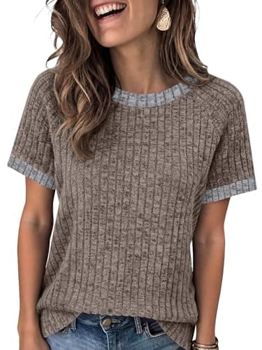 ANRABESS Womens Tops Summer Short Sleeve Shirts Dressy Casual Color Block Work Blouse 2026 Spring Trendy Lightweight Sweater Coffee Medium - Image 1