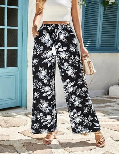LOOKBOHO Women's Pants Drawstring Casual Palazzo Trousers with Pockets Loose High Waisted Wide Leg Pants with Pockets Black White Floral L - Thumbnail 6