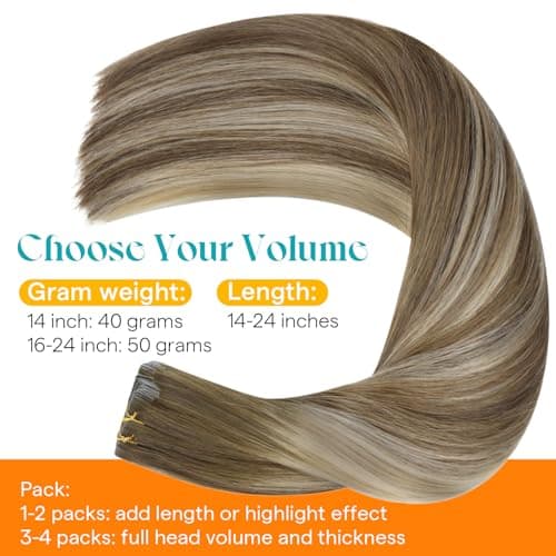 Sunny Hair Injected Tape in Hair Extensions Human Hair, Brown Balayage Blonde, 20Pcs 14inch 40g Seamless Invisible Tape in Extensions for Women, Undetectable Invis Edge Tape - Thumbnail 5