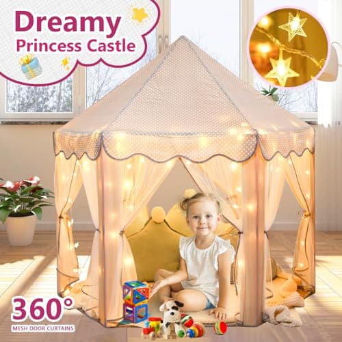 Monobeach Princess Tent Girls Large Playhouse Kids Castle Play Tent with Star Lights Gift Toy for Children Indoor and Outdoor Games, 55'' x 53'' (DxH) (Grey) - Thumbnail 3