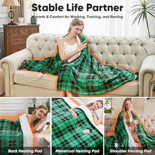 Green Heated Blanket Electric Throw 50X60, Heating Blanket for Couch, Plaid Sherpa Winter Blankets Warmer, 10 Levels & 8-Hour Auto Off, Fast Heated House Warming Gifts New Home Christmas Decor for Mom - Thumbnail 3