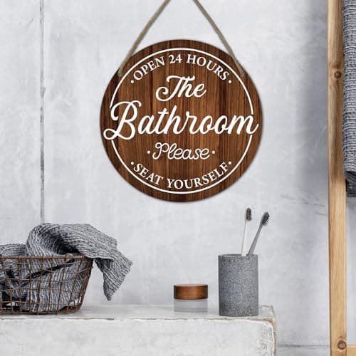 Funny Bathroom Signs Decor - Bathroom Open 24 Hours Please Seat Yourself Wall Decor - Rustic Round Wooden Door Sign For Farmhouse Home Decor Bath Room Accessories & Decorations - A03 - Thumbnail 3