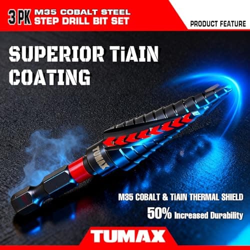 TUMAX 3 PCS M35 Cobalt Step Drill Bit Set with TiAlN Coating, 1/4" Hex Shank Impact Ready, 1/8" to 7/8" HSS-Co Multi-Hole Unibit with Dual-Spiral Flute for Stainless Steel, Metal, HVAC, Electrical - Thumbnail 2