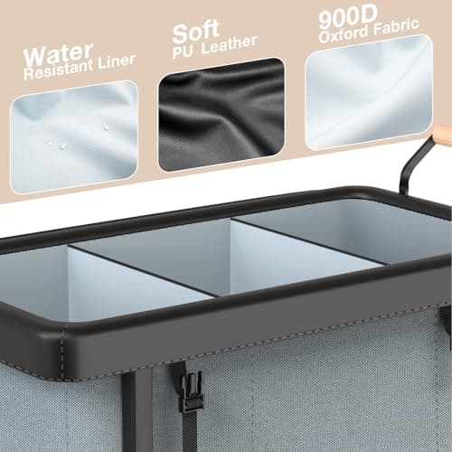 60 Gal (230L) Laundry Hamper 3 Section with Lid, Leather Patchwork Laundry Sorter with Rolling Lockable Wheels and Handle, Laundry Basket Organizer for Laundry Room, Bedroom and Bathroom - Gray - Thumbnail 2