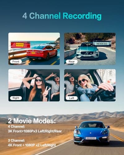 AI Dash Cam Front Rear Inside, 4 Channel 3k+1080P*3 Dashcam with Smart Driving Monitor System, 360° View Car Cameras 5GHz Wi-Fi GPS, Camera for Car Night Vision 128GB SD Card, 24H Parking Mode N700Pro - Thumbnail 3