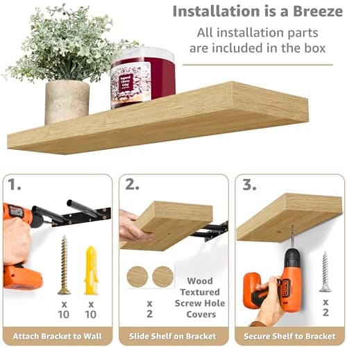 Sorbus Floating Shelves for Wall - 24" Bathroom Shelves, Wall Decor for Bedroom, Kitchen, Living Room, Home Decor & Book Storage - Mounted Floating Shelf with Invisible Brackets (Maple Wood, 2 Pack) - Thumbnail 4