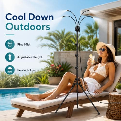 Upgraded Standing Misters for Outside Patio, 6FT Height Adjustable Outdoor Misting System, Portable Cooling Mister with Tripod, Brass Nozzles & 26FT Hose, Sprinkler for Tanning Backyard, Garden, Pets - Thumbnail 2