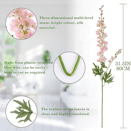 LILUYTO 6PCS Pink Delphinium Artificial Flowers, Long Stem Faux Larkspur Silk Flowers, 33.5" Bendable Fake Flowers Bouquets for Tall Vase Table Kitchen Home Offices Garden Wedding Decor - Thumbnail 2
