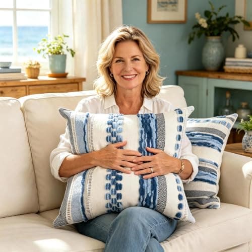 yuboo Summer Coastal Decorative Throw Pillows Set of 2, 18x18 Blue and White Textured Tufted Pillow Covers, Nautical Beach House Decor for Couch, Sofa, Bedroom and Patio (Inserts Not Included) - Thumbnail 2