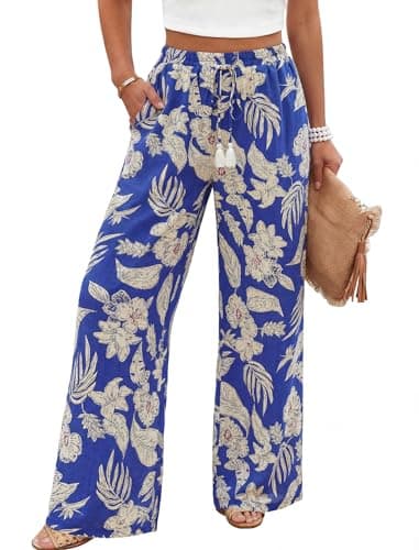 LOOKBOHO Women's Wide Leg Lounge Pants with Pockets Lightweight High Waisted Adjustable Tie Knot Loose Trousers with Pockets Blue Floral XL - Image 1