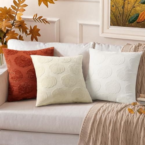 decorUhome Decorative Beige Pumpkin Thanksgiving Throw Pillow Covers 18x18 Set of 2, Soft Chenille Jacquard Farmhouse Textured Pillow Covers for Couch Bed Sofa Autumn Harvest Halloween Holiday - Thumbnail 4