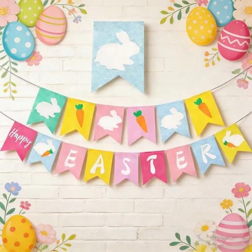 Happy Easter Banner for Fireplace,Bunny Carrot Banner Indoor Outdoor Easter Decorations, Easter Themed Party Supplies for Home, Wall, Office School Classroom Easter Banner Decor - Thumbnail 6