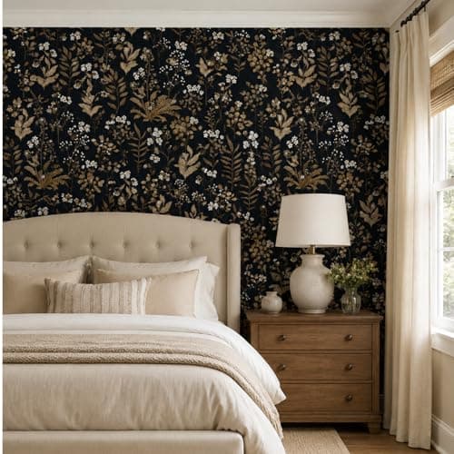 Black Floral Wallpaper Peel and Stick 34.6" x 196.8" Moody Dark Gold Leaf Contact Paper Waterproof Self Adhesive Vintage Botanical Wall Paper Removable for Bathroom Bedroom Shlef Cabinet DIY Decor - Thumbnail 2