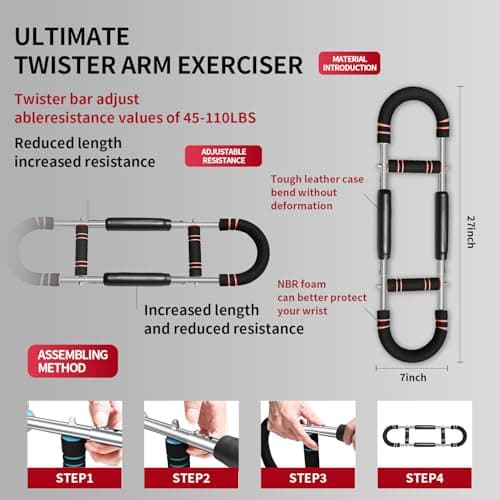 Arm Trainer for Men 5-Level Adjustable Resistance (45-110 lbs) Twister Chest Workout Equipment for Women Exerciser Bar Biceps Triceps Forearm Abdominal Thigh Back Muscle Exerciser (Red) - Thumbnail 6