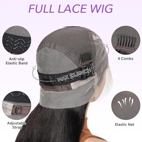 UNIKY Full Lace Human Hair Wigs 22 Inch Glueless Wigs Human Hair Straight Wigs Human Hair Wigs For Black Women Lace Front Wigs Human Hair 100% Handmade Invisible Full Lace Wig Natural Black - Thumbnail 3