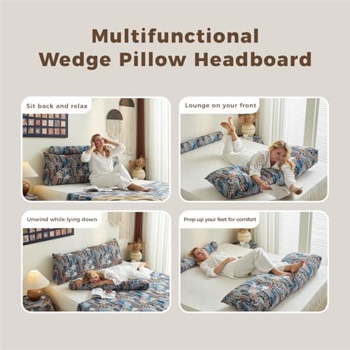 ZERALIVEN Boho Headboard Pillow for Twin XL, Large Triangular Wedge Pillow for Headboard Gap, Daybed for Sitting Up in Bed, Couch or Sofa with Removable Washable Cover and Side Pockets, Sky Bloom - Thumbnail 4