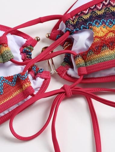 ZAFUL Women's Colorblock Stripes Bikini Sets Cheeky Boho Geo Print Color O Ring Bandeau Bathing Suit for Beach Holiday (Boho Wine Red M) - Thumbnail 5