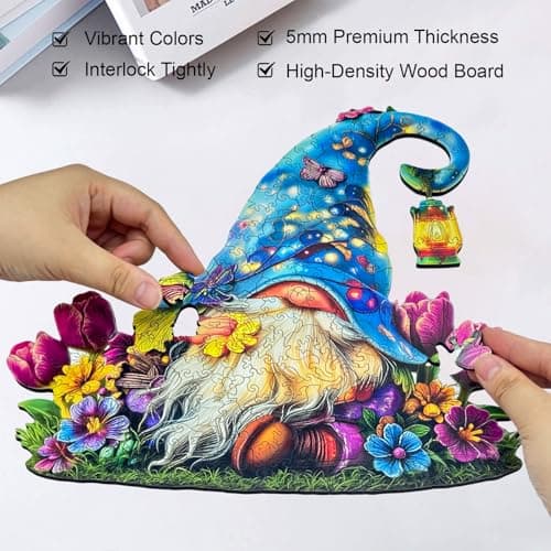 Gnome Wooden Puzzles for Adults, Unique Shape Wooden Jigsaw Puzzles for Adults 200 Piece, Challenging Dreamy Garden Gnome Flowers Puzzles, Creative Gift for Friend Family Game Wall Art Decor 11*10.7in - Thumbnail 6