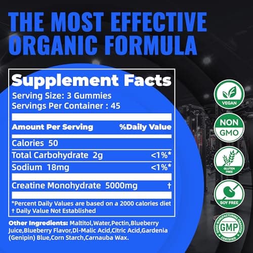 Natures Aid Creatine Monohydrate Gummies (5g) – Pre-Workout Energy & Muscle Growth Support for Men & Women | Blueberry Electrolyte Gummies (135 Count) - Thumbnail 3