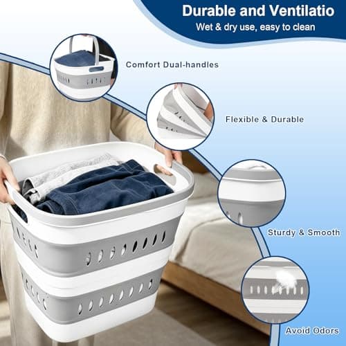 46L/12 Gal Collapsible Laundry Baskets, Foldable Hamper with Handles, Plastic Pop Up Storage Container for Laundry, Home, Dorm, Travel - Gray/White, Set of 2 - Thumbnail 4