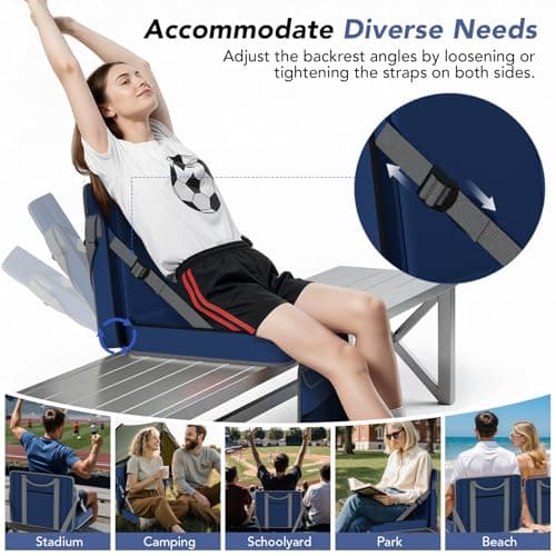 Stadium Seats with Back Support 2PACKS Adjustable Bleacher Chairs with Back and Cushion Bleacher Seat with Cup Holder, Carry Handle & Shoulder Strap for Outdoor Sports Events, Picnics,Large Navy - Thumbnail 6