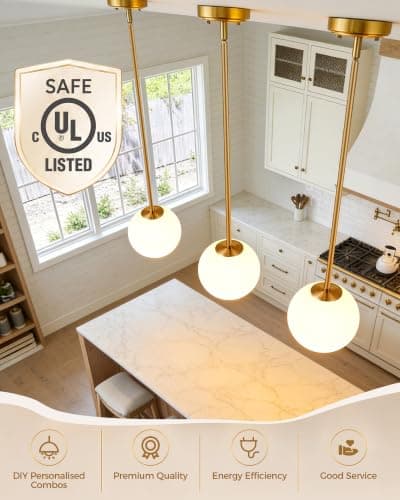 Majade Globe Pendant Lights Kitchen Island Mid Century Modern Pendant Light Fixtures 7.4 Inch Gold Ceiling Lighting with Milk Glass Shade Adjustable Brushed Brass Hanging Light for Dining Room - Thumbnail 6