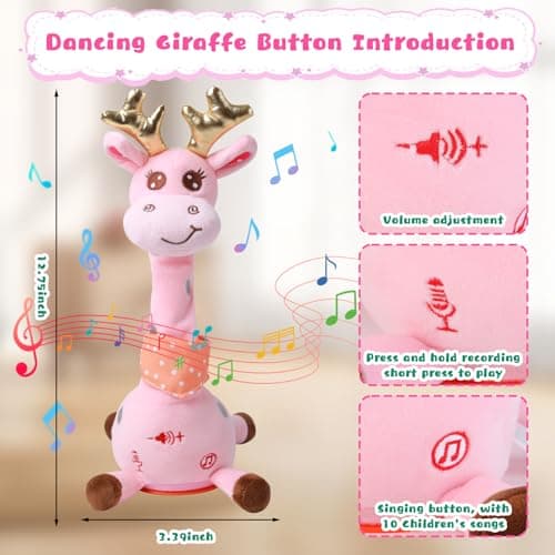 MIAODAM Dancing Talking Giraffe Stuffed Animal, Singing 10 Children's Song, Baby Toy Repeats What You Say, Colorful Glowing Giraffe PlushToys for Toddlers 1-3 Year Easter Day Gifts for Kids(Pink) - Thumbnail 5