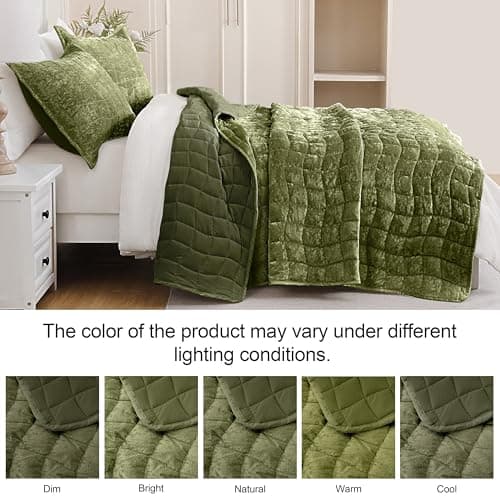 DOWNCOOL Velvet Quilt Set Queen Size, 3 Pieces Soft Lightweight Quilted Velvet Bedspread Coverlet Bedding with 2 Pillow Shams for All Season, Olive Green - Thumbnail 4