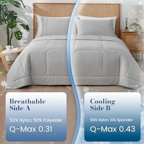 Amélie Home Cooling Comforter Twin Size, Dual-Sided Lightweight Cooling Blanket for Hot Sleepers, Q-Max 0.43 Breathable Cooling Quilt for Night Sweats, 68" x 90", Heather Cool Grey - Thumbnail 3