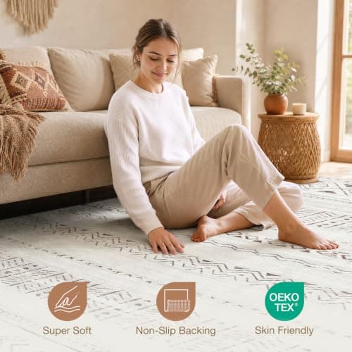 cotiled 6x9 Area Rug for Living Room, Washable Non-Slip Large Area Rug, Indoor Floor Carpet Low Pile Soft Boho Farmhouse Rug for Bedroom Dining Room (Brown Cream,6'x9') - Thumbnail 4