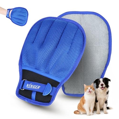 VINGER Pet Hair Removal Glove for Cats & Dogs, Electrostatic Pet Hair Gloves with Adjustable Wristband, Five-Finger Magic Brush Remover Tool for Laundry, Carpet, Couch, Car Seats & Clothing (Blue)