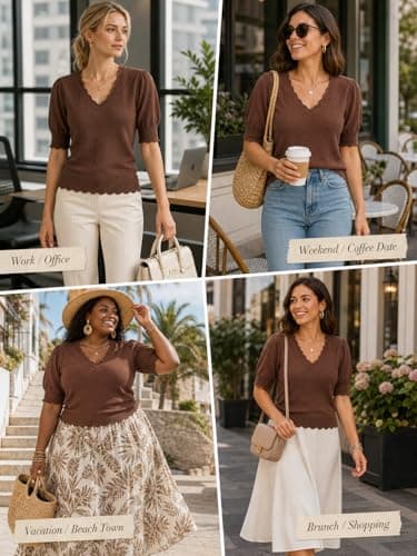 MONORA Women’s Short Sleeve Sweater Puff Sleeve Scalloped V Neck Knit Top Lightweight Pullover for Work Business Casual - Thumbnail 6