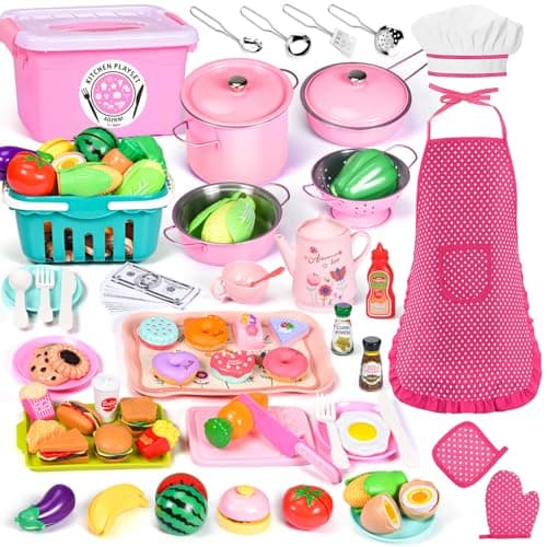 121Pcs Play Kitchen Accessories, Kids Kitchen Playset, Pretend Play Food Tea Party Set, Toy Kitchen Kids Cooking Real with Apron&Chef Hat, Utensils Cookware Pots&Pans, Toy Organizer, Toddler Toys Gift - Image 1