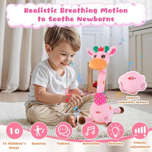 MIAODAM Dancing Giraffe Interactive Toy, Singing 10 Children's Song, Stuffed Baby Toy Repeats What You Say, Colorful Glowing Plush Toys for Toddler Easter Day Gifts for Kids(Pink Giraffe) - Thumbnail 2