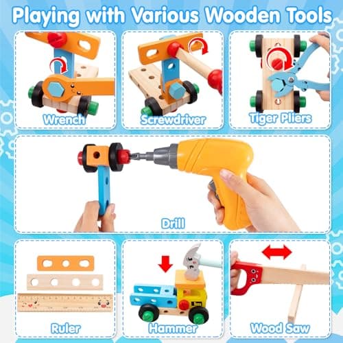 Kids Tool Set Toy for Boys - Educational Montessori Wooden Toddler Play Tool Box with Electric Drill - 59 Pcs STEM Construction Building Toys Christmas Birthday Gifts for 3 4 5 6 Year Old Boys Girls - Thumbnail 3