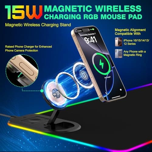 RGB Gaming Mouse Pad Wireless Charging Desk Mat with Foldable Phone Stand, Large LED Gaming Mat 800x350x4mm, 15 Light Modes, Waterproof, Keyboard Pad for PC Computer, Includes 20W PD Power Adapter - Thumbnail 3