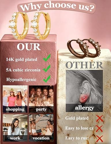 8 Pairs Gold Hoop Earrings Set for Women, 14K Gold Plated CZ Cartilage Earring for Multiple Piercing, Lightweight Hypoallergenic Small Hoop Stackable Jewelry Gift - Thumbnail 4