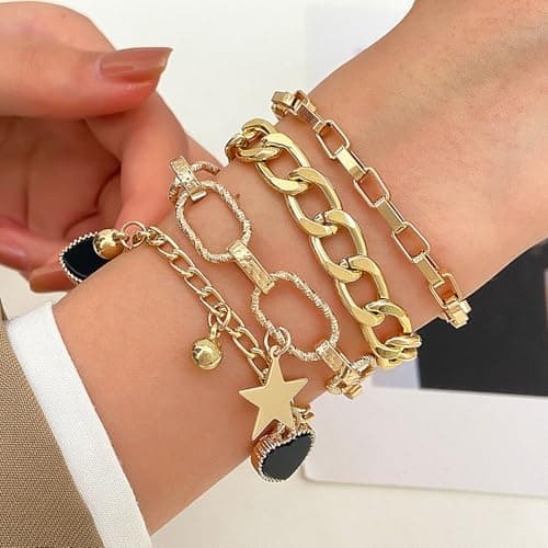 Alegend 14K Gold-Plated 4-Layer Design Bracelet Set - Bead, Heart & Star Pendants - Thumbnail 3