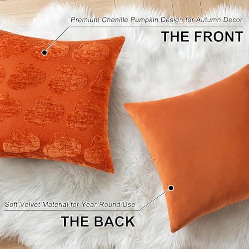 decorUhome Decorative Two Rust Pumpkins Thanksgiving Throw Pillow Covers 20x20 Set of 2, Soft Chenille Jacquard Farmhouse Textured Pillow Covers for Couch Bed Sofa Autumn Harvest Halloween Holiday - Thumbnail 3