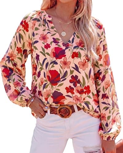 BTFBM Blouses for Women Dressy Casual Floral Summer Boho Tops V Neck Lightweight Long Sleeve Shirts Spring Clothes 2026(Red Flower Orange, XX-Large) - Image 1